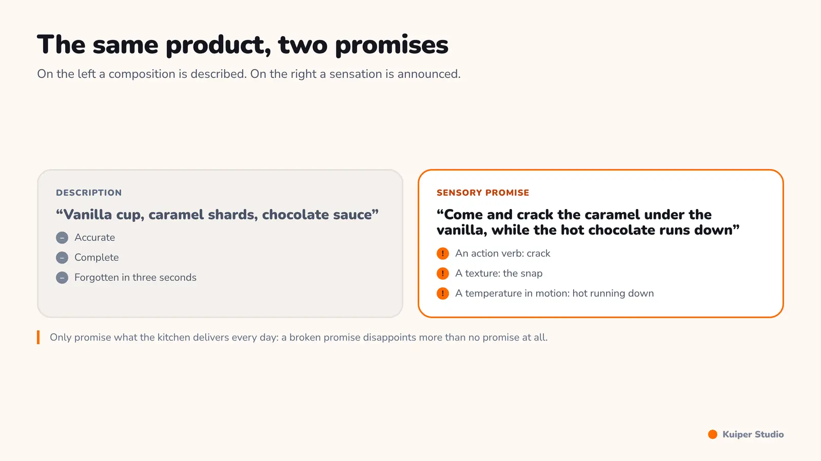 Comparison between a descriptive wording and a sensory wording for the same product, highlighting the verbs and sensations used.