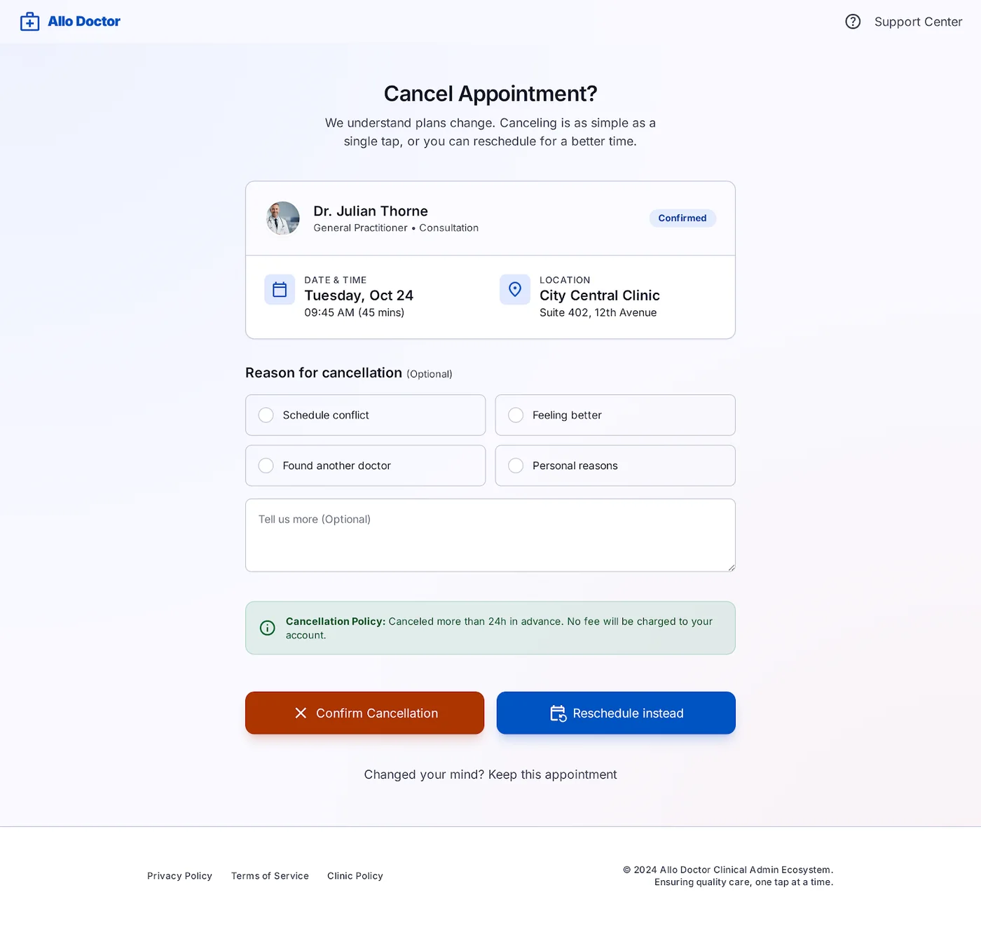 The cancellation page reached from the reminder link. Cancel or pick a new slot, with no account.