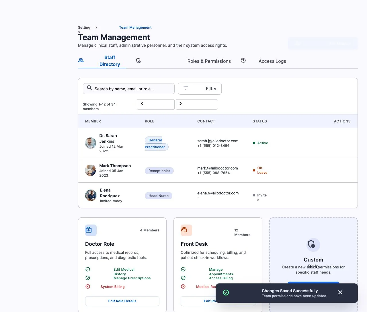 Team management: roles, permissions and access log.
