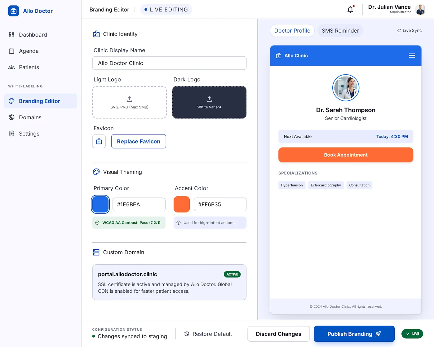 The white-label editor: name, logo, colors, domain, with live preview.