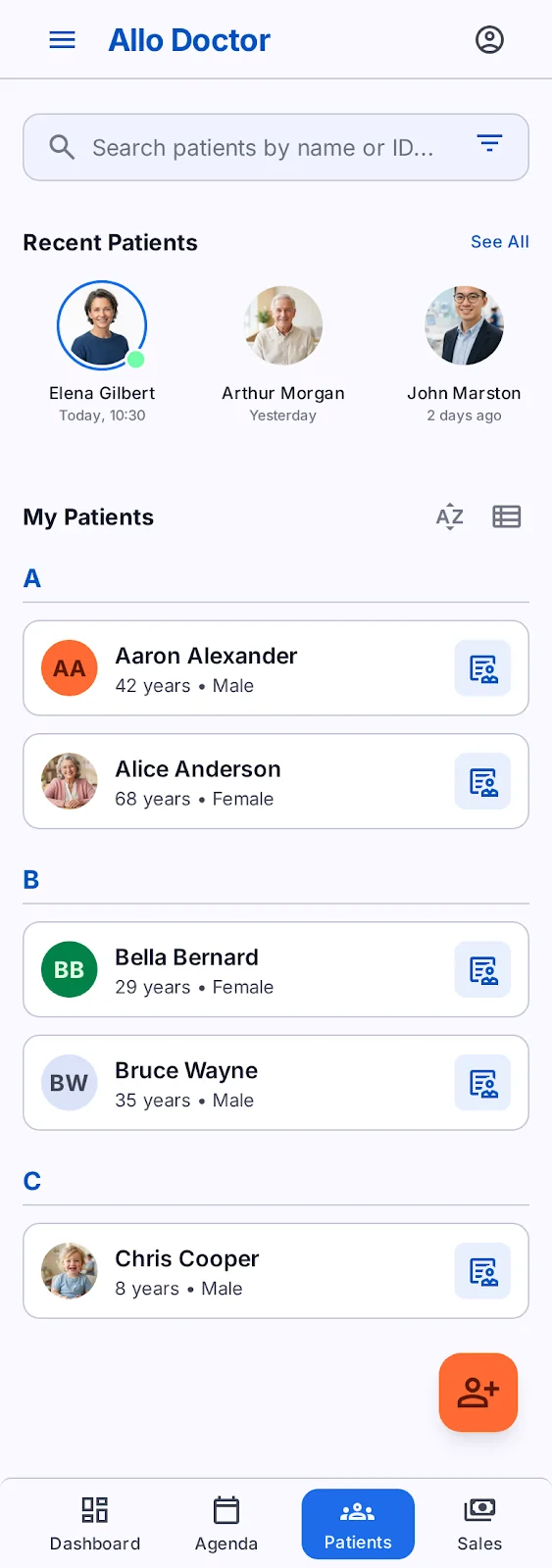 The patient list on mobile, with search by name, phone or code.