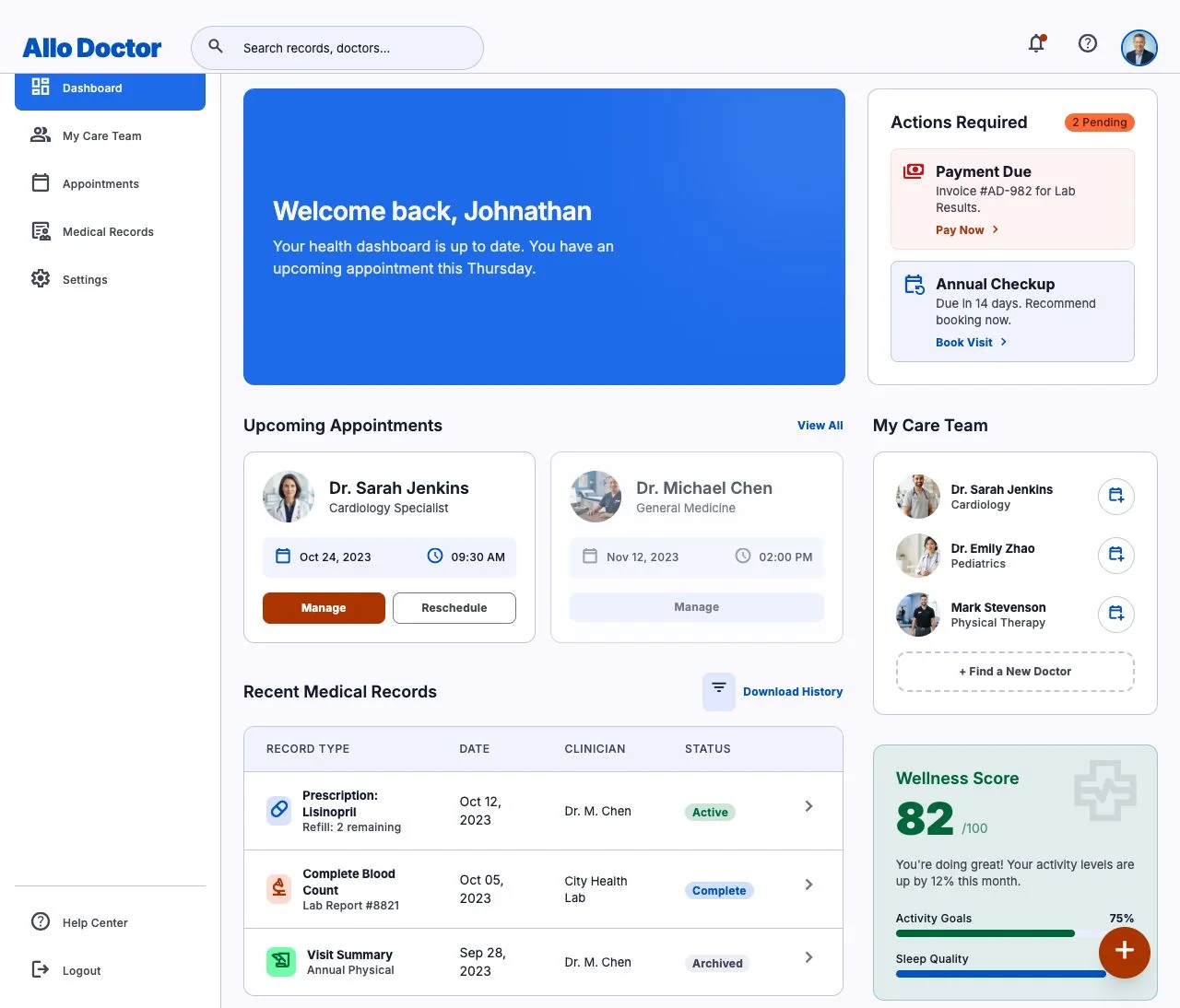 The patient portal: appointments, prescriptions, results and shared documents.