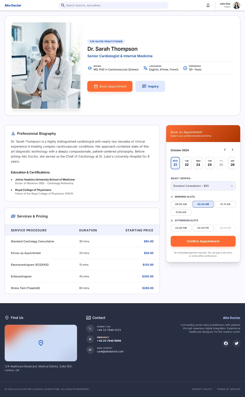 A practitioner's public page: specialties, languages, prices and booking agenda.
