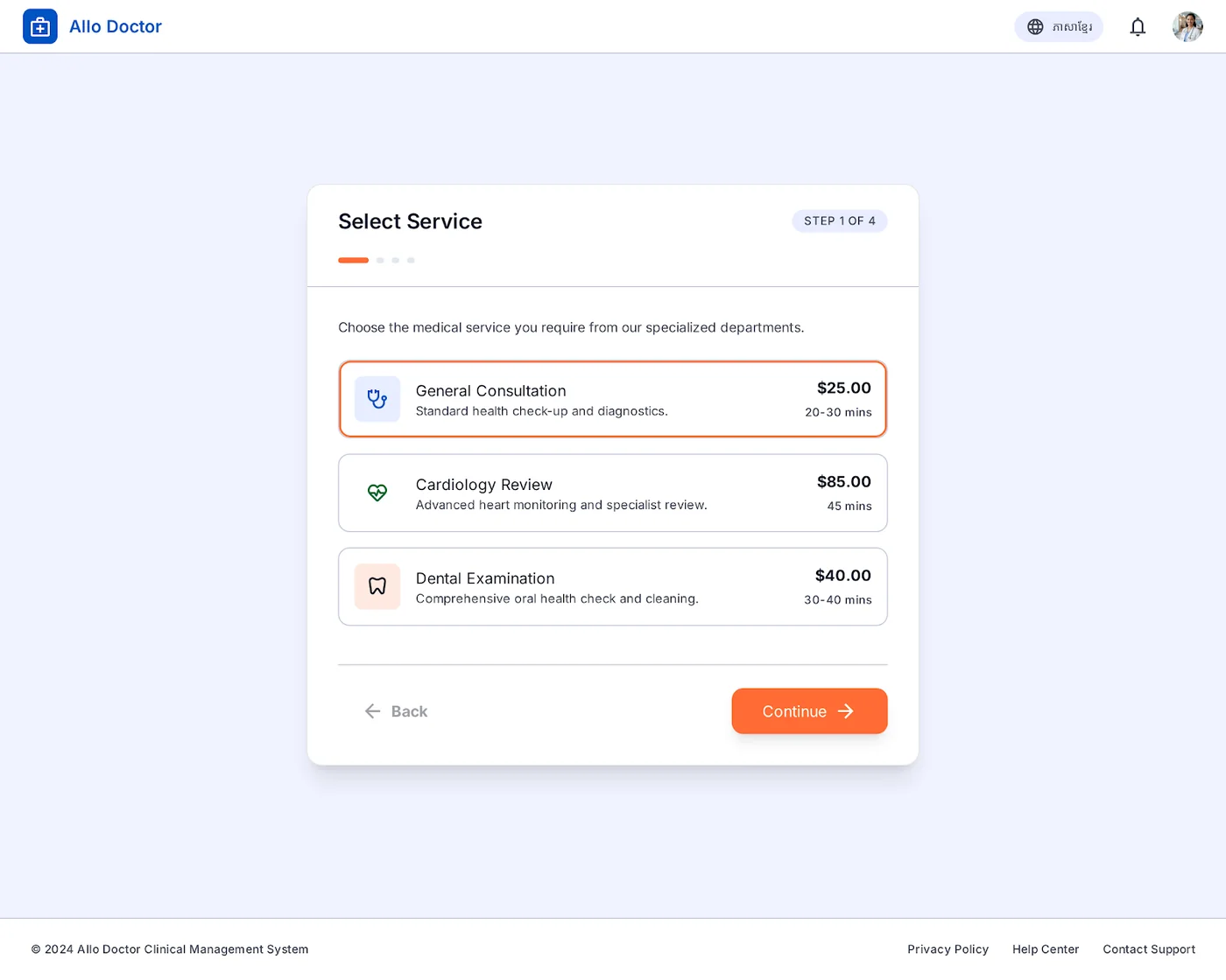 Online booking on the patient side: pick the service, the practitioner, then the slot.