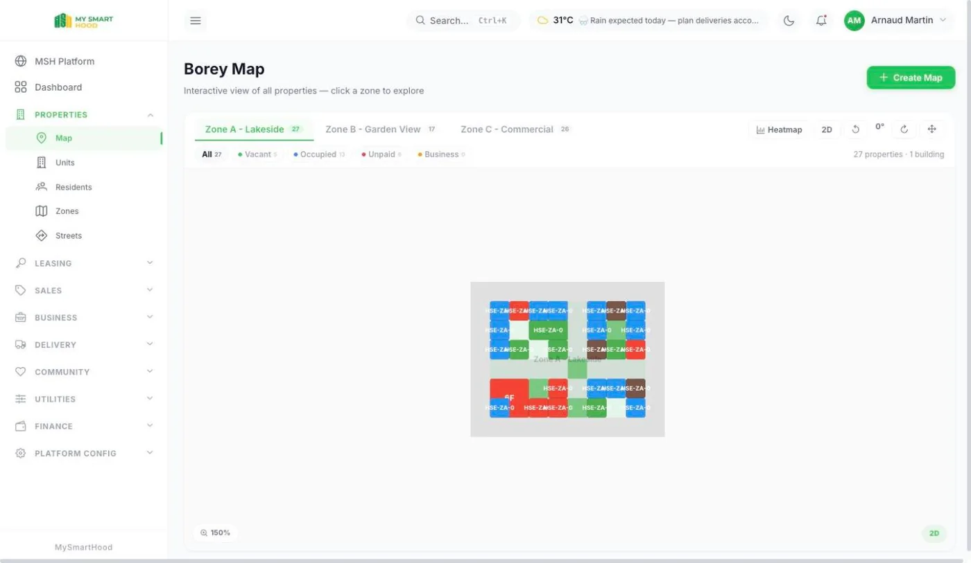 The interactive map of the residence: every unit colored by status, zone by zone.