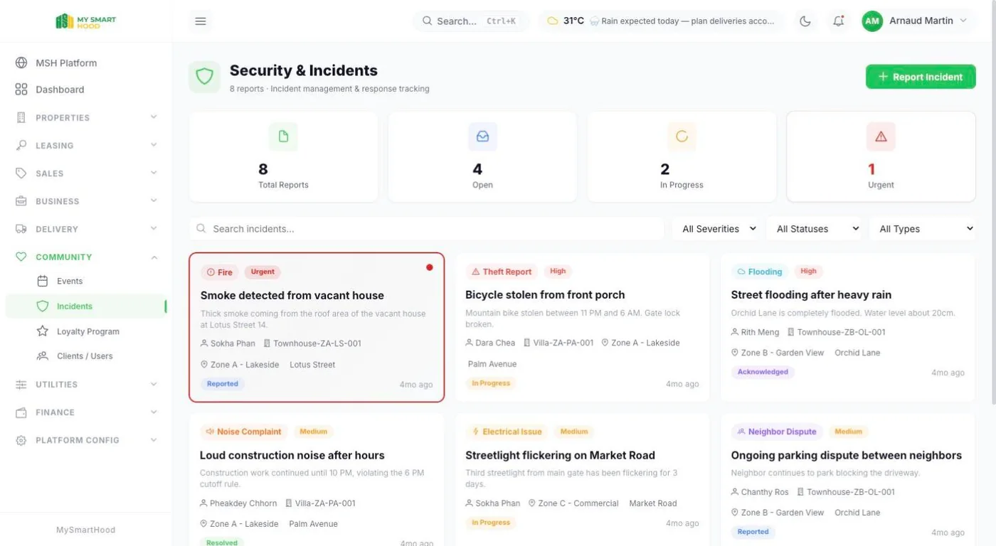 Incidents: type, severity, precise location and handling status.