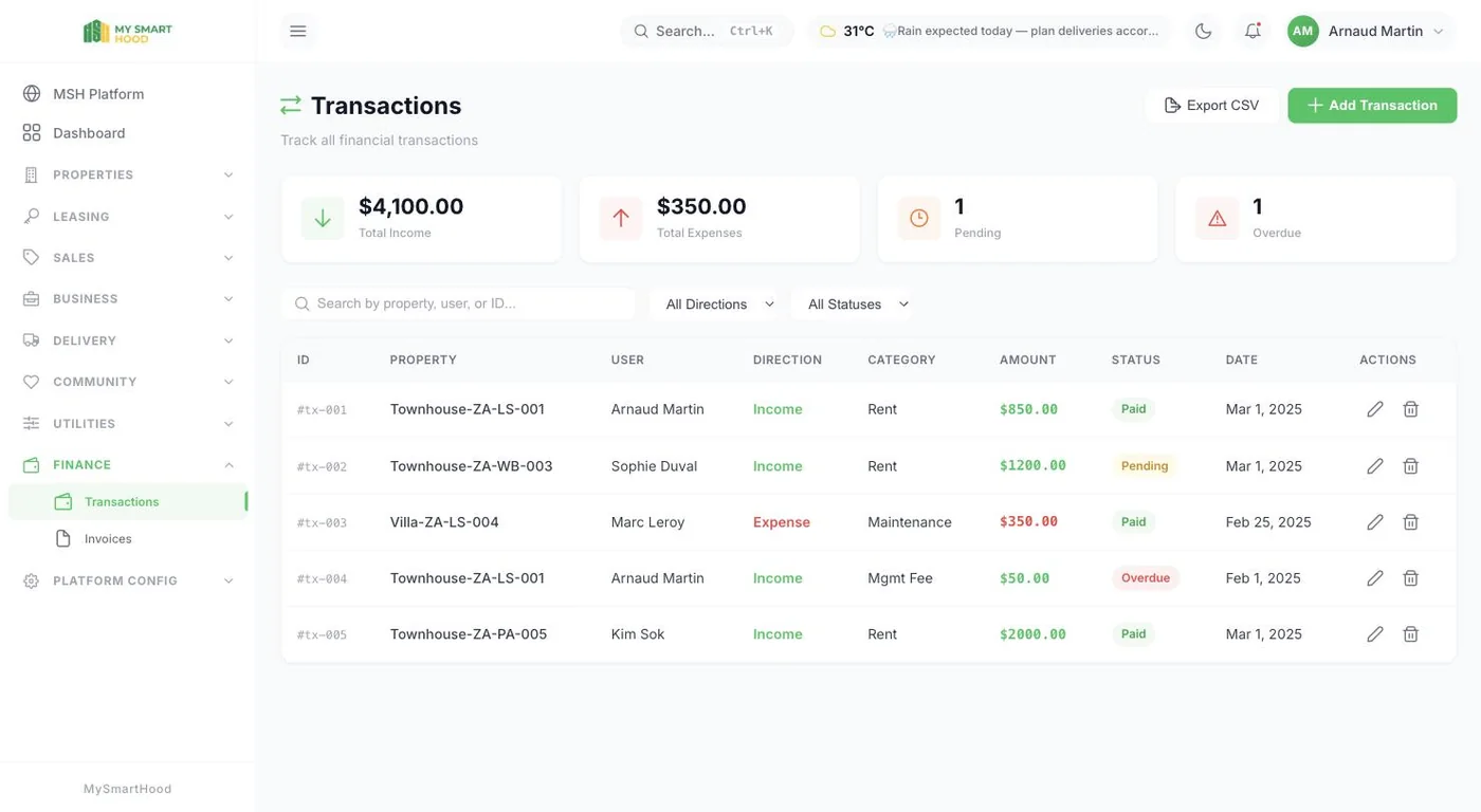 Transactions: income, expense, category, status and CSV export.