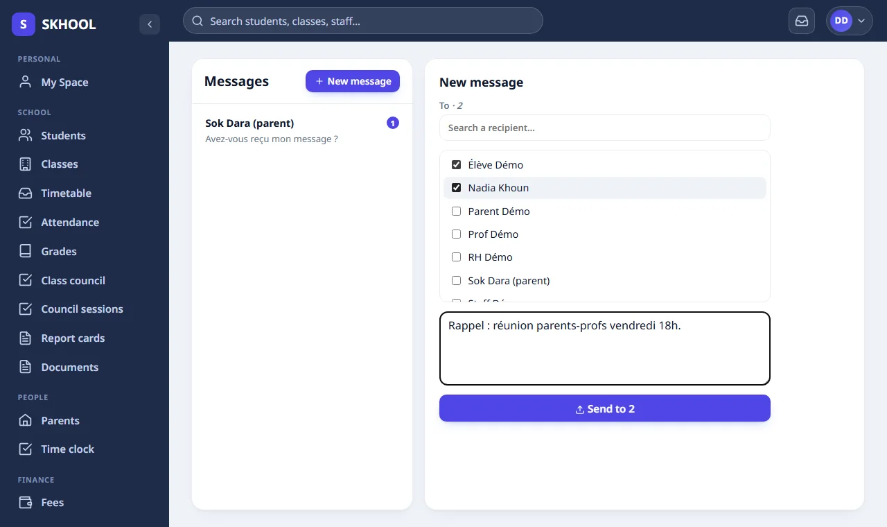 Targeted announcements: compose once, send to a chosen audience.