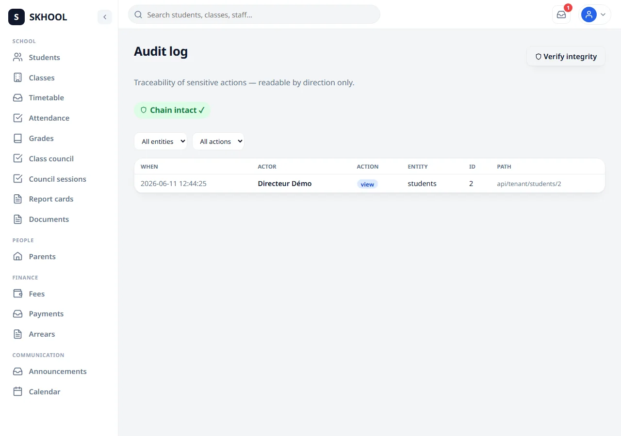 The audit log: traceability of sensitive actions, with integrity check.