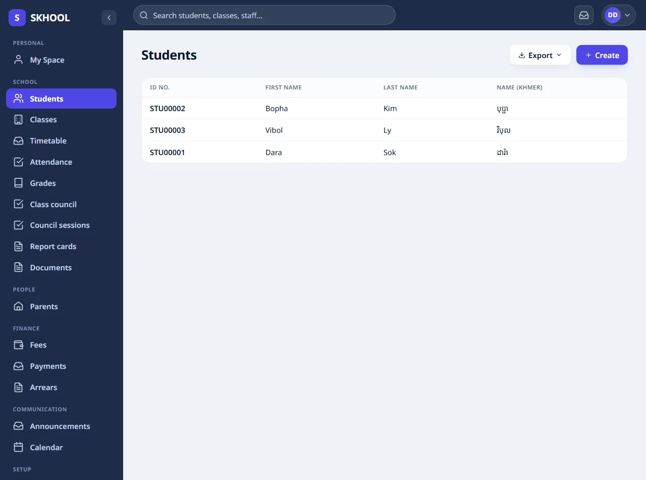 The student list, with the Khmer name and export to CSV, Excel or PDF.