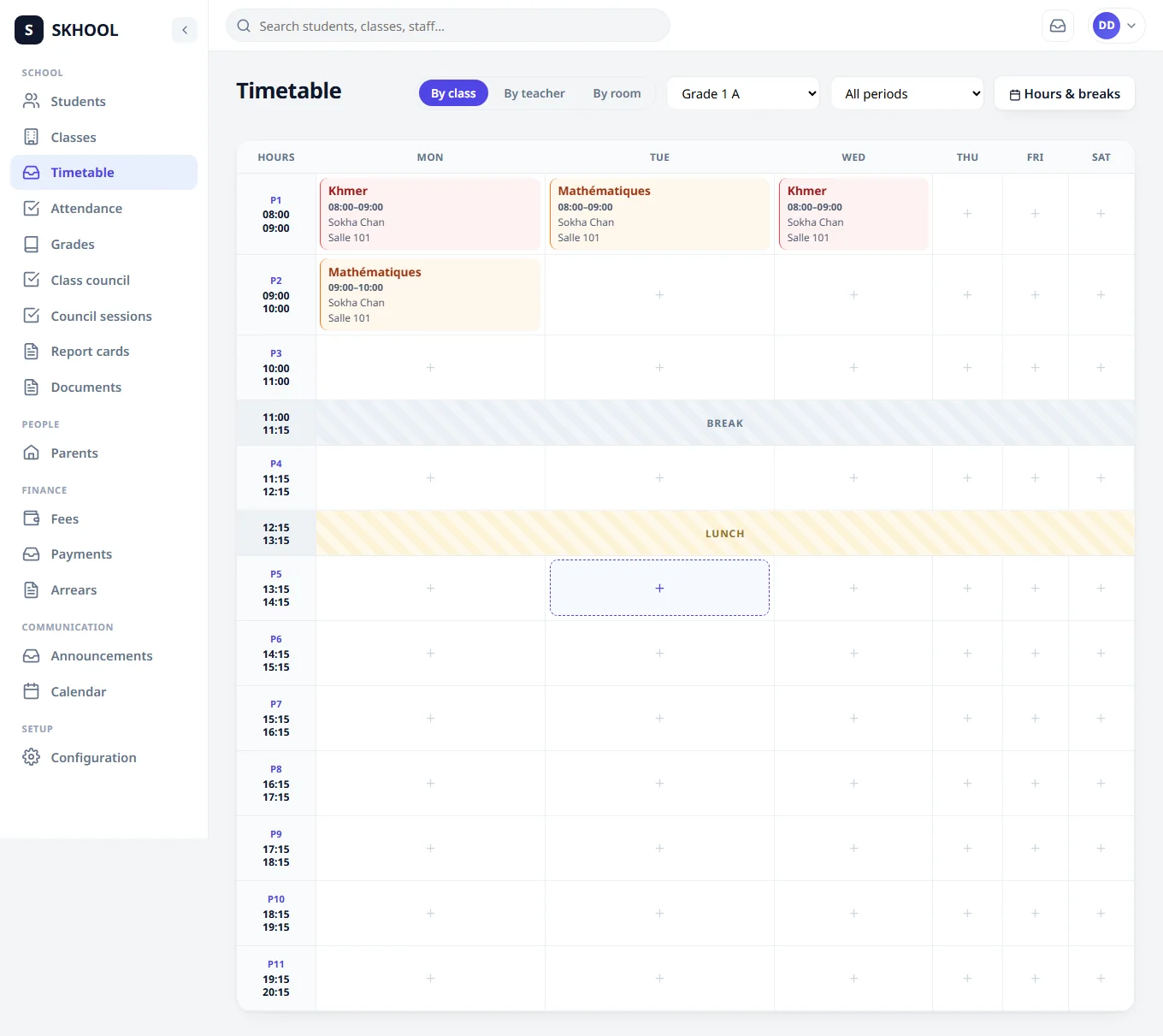 The timetable by class, by teacher or by room. Overlaps are blocked as you enter them.