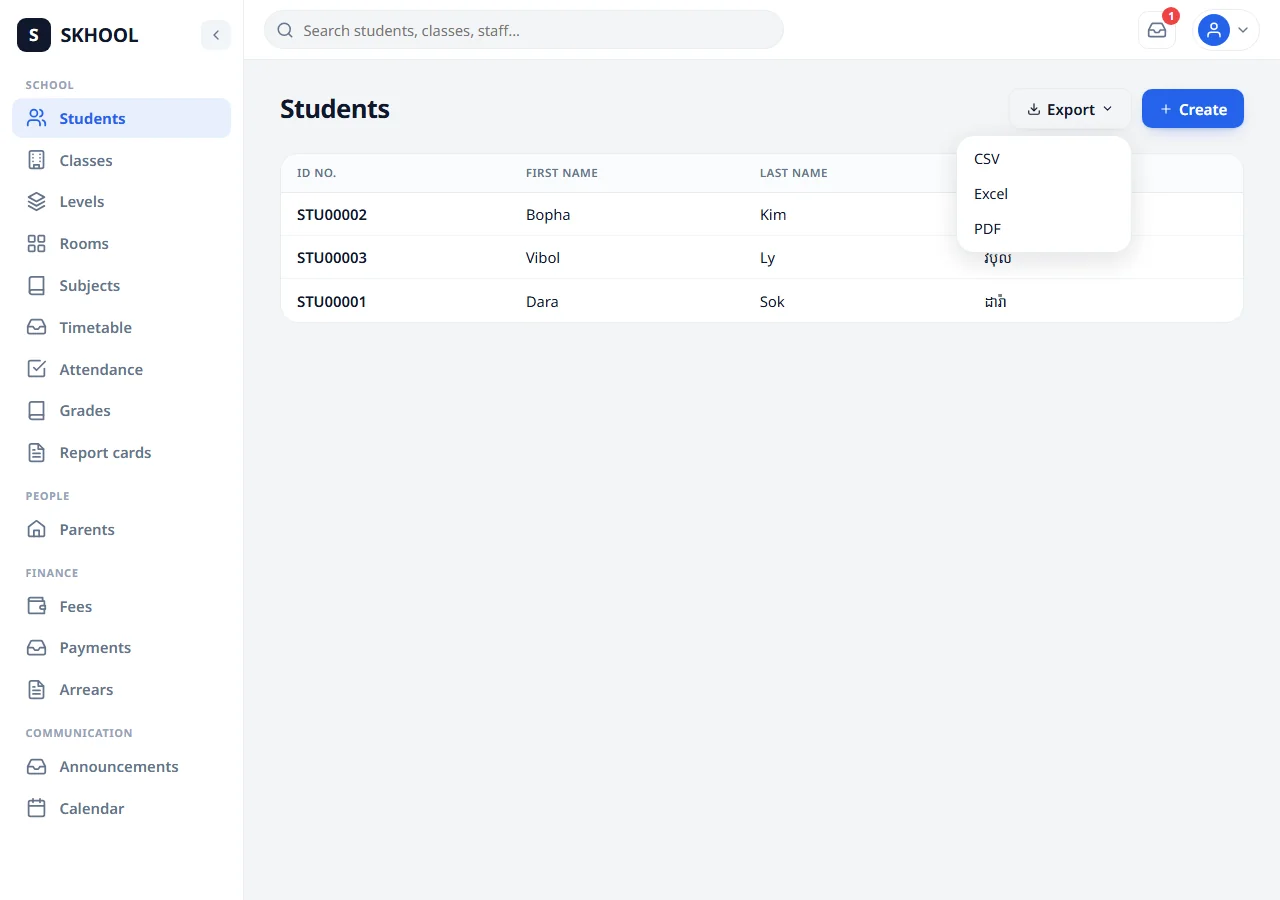 Exports: student lists, grades and payments in CSV, Excel or PDF.