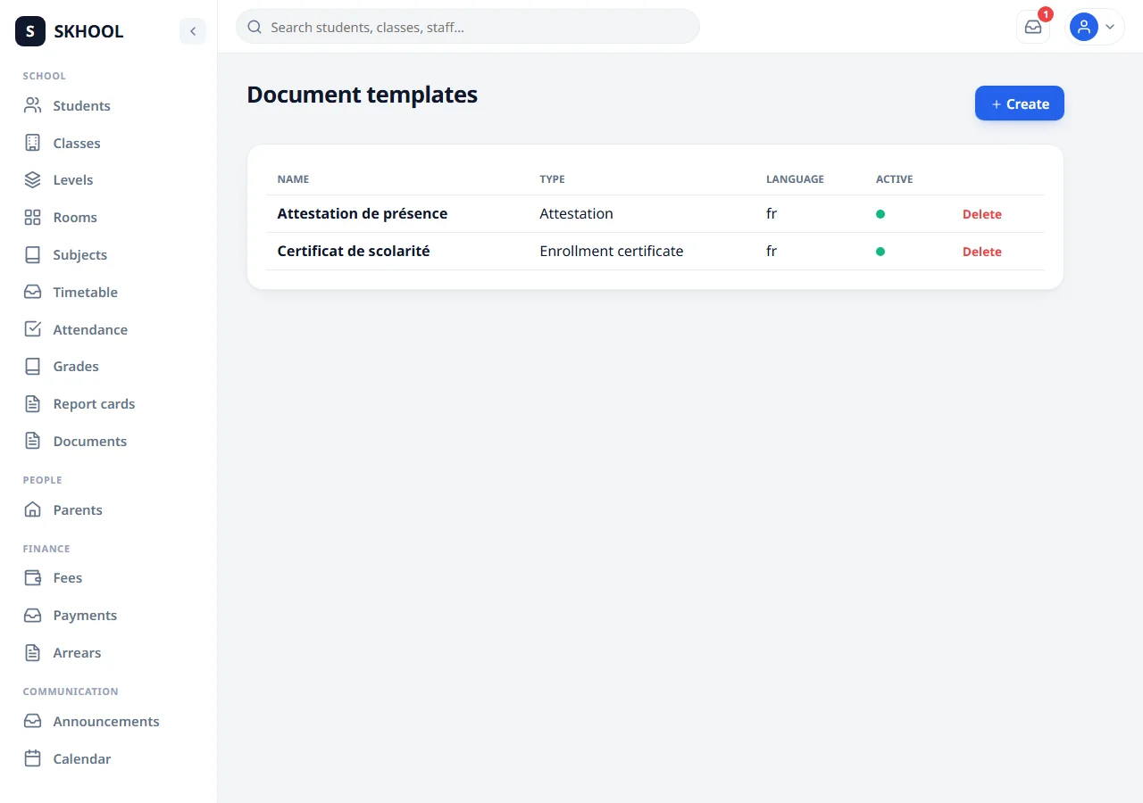 Document templates: attestations and certificates, configurable by the school.